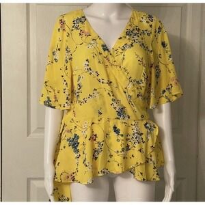 Loft Wrap Top Yellow Floral Wrap Blouse Flutter Sleeve Cottagecore Feminine 18